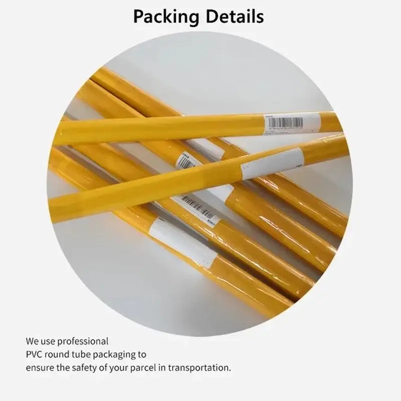 Yellow pvc round tubes wrapped in clear plastic with labels for decorbites vintage great wave canvas print packaging
