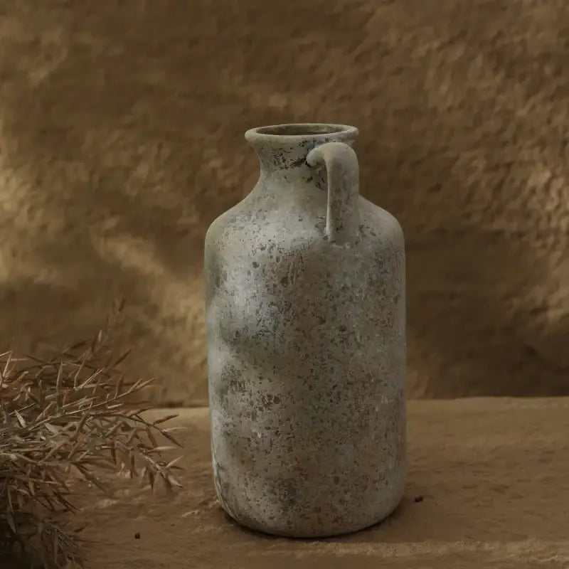 DecorBites™ vintage handmade ceramic vase in speckled gray with small handle for elegant home decor display