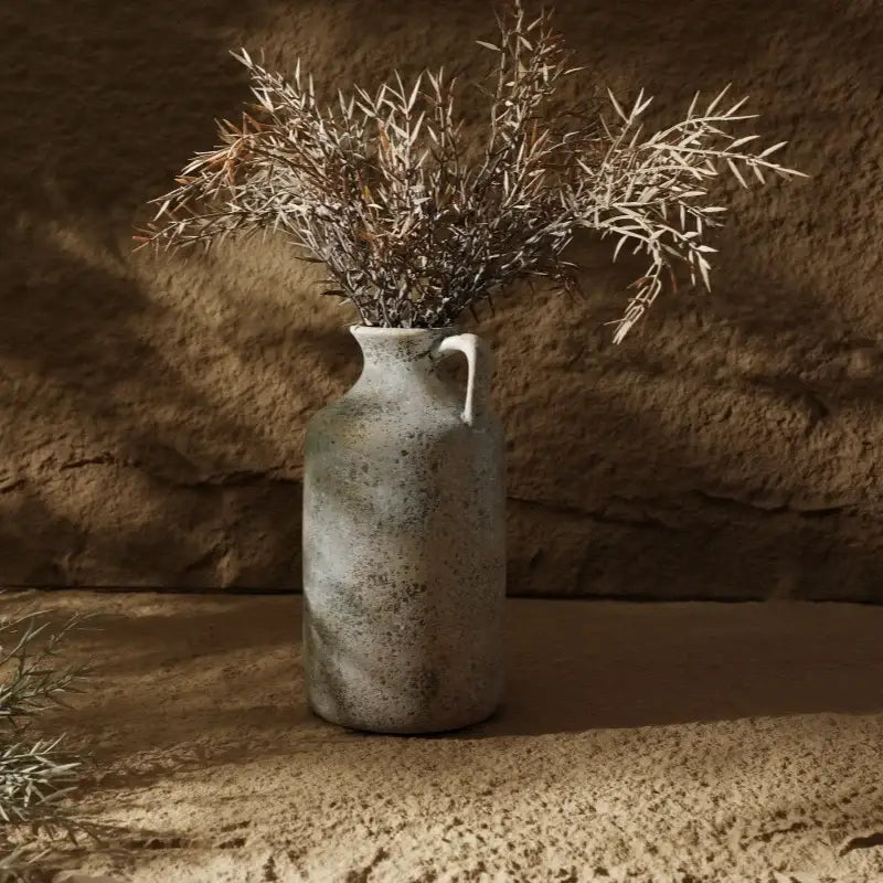 DecorBites™ vintage handmade speckled gray ceramic vase with handle for elegant home decor display