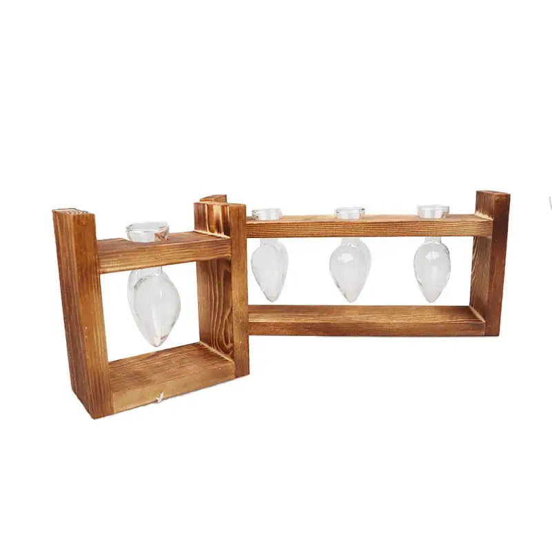 Brown wooden frame glass vase with clear hanging planters in heart shape from decorbites vintage collection