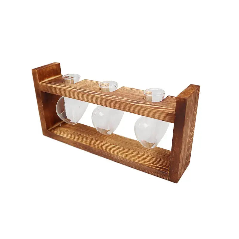 Brown wooden frame glass vase plant stand with three clear glass terrariums featuring rounded bulbous bases