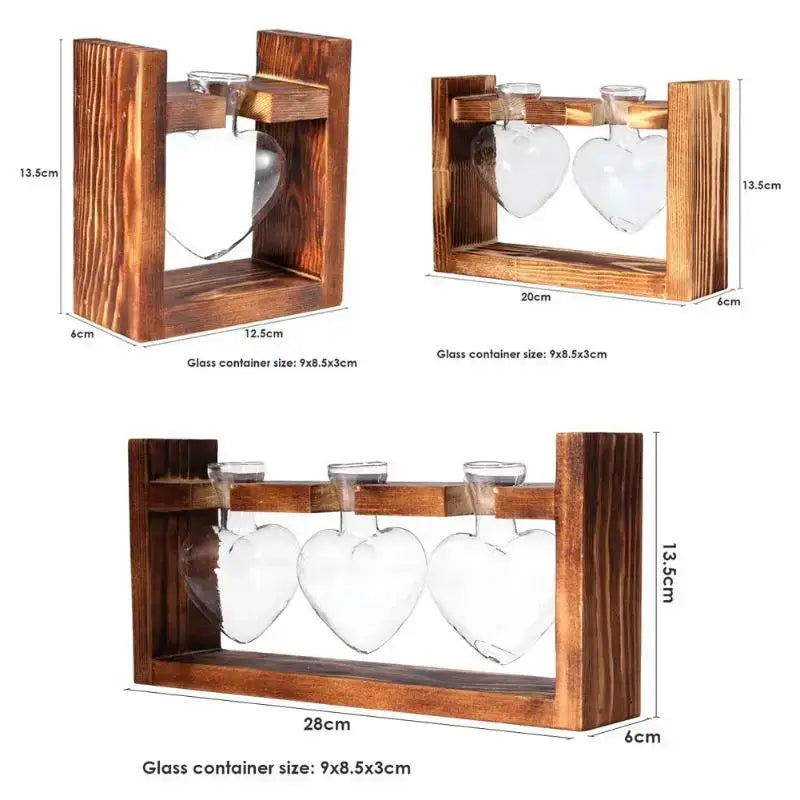 DecorBites vintage heart-shaped wooden frame glass vase with rustic finish and three clear glass containers