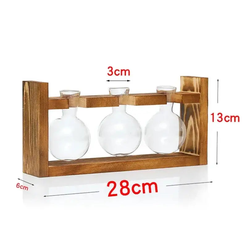 Decorbites vintage heart-shaped wooden frame glass vase with wooden rack holding three clear glass spherical vases