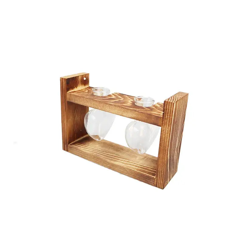 Rustic wooden frame glass vase with two clear glass holders and matching wooden base by decorbites vintage design