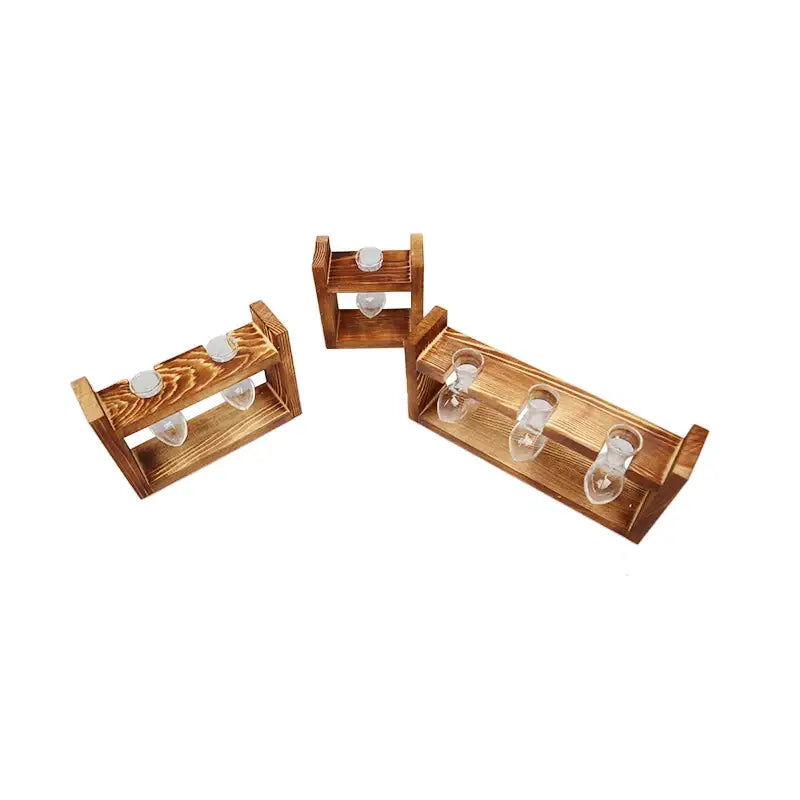 Set of three rustic wooden frame glass vases with white ceramic caps in the DecorBites vintage heart-shaped design