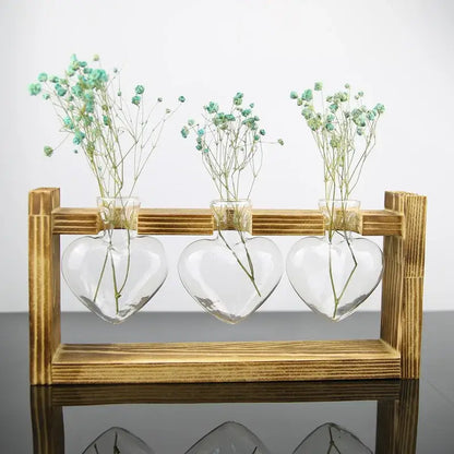 Decorbites™ vintage heart-shaped wooden frame glass vase set with clear glass vases and baby’s breath flowers on stand