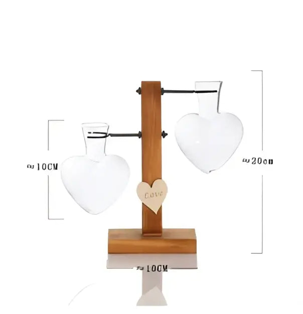 Decorbites vintage heart-shaped wooden frame glass vase stand with two clear glass hearts in wooden frame glass design