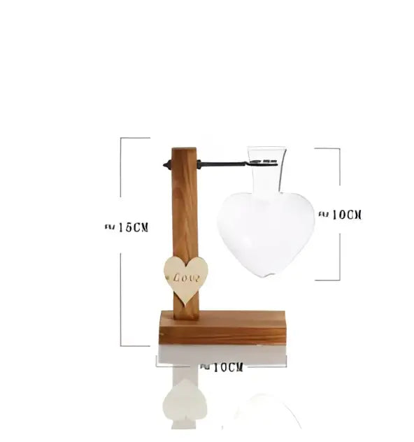 DecorBites™ vintage heart-shaped glass vase with wooden frame and stand featuring love engraved plaque