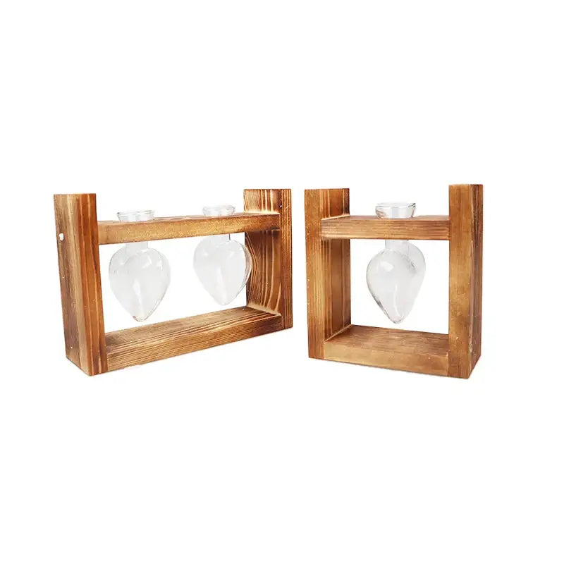 Two rustic wooden frame glass vases with clear heart-shaped glass in decorbites vintage wooden frame glass vase set