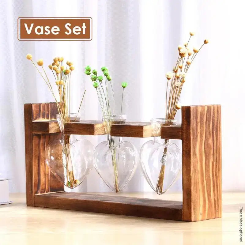 DecorBites™ vintage heart-shaped wooden frame glass vases with dried floral arrangements in a rustic wooden stand