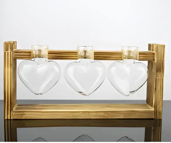 Decorbites vintage heart-shaped glass vase with clear vials supported by a wooden frame glass rack for display