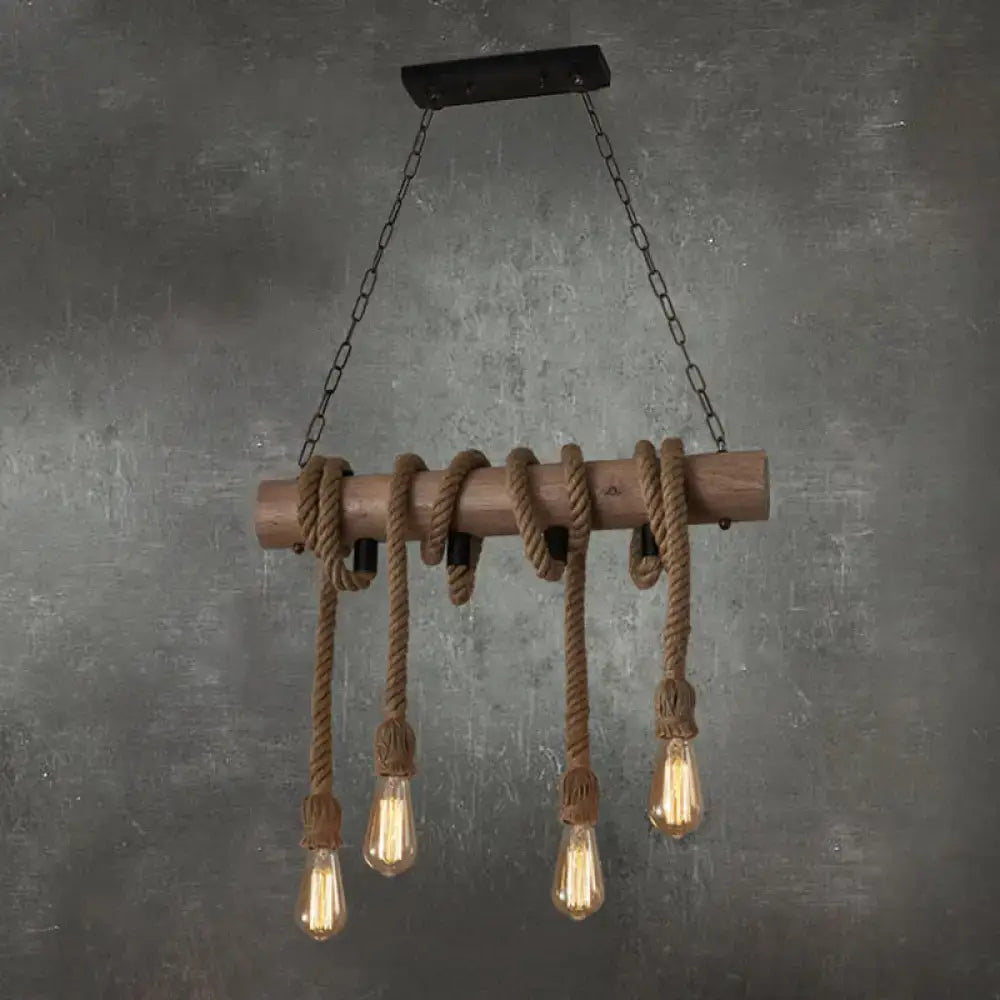 DecorBites vintage hemp rope pendant light with rustic wooden beam, thick brown rope, exposed bulbs, and adjustable chain cord length