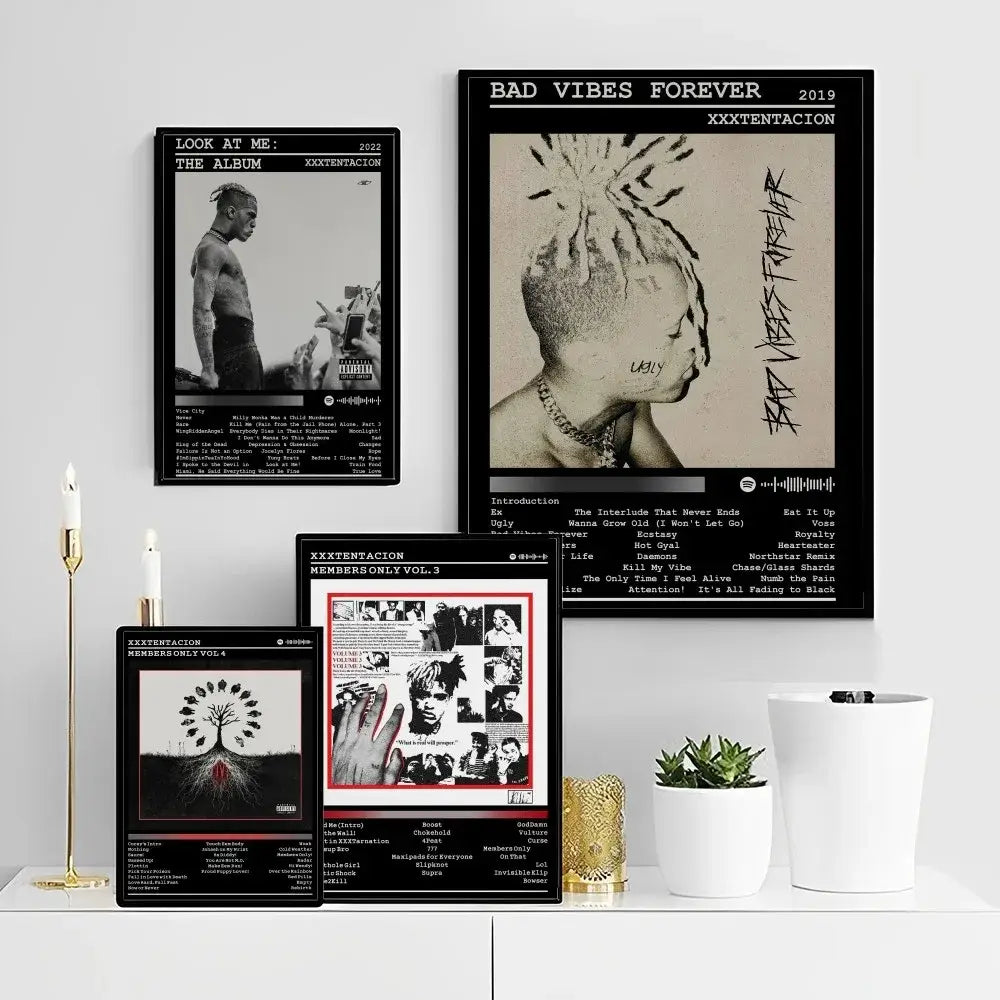 Black and white framed vintage hip hop posters featuring xxxtentacion album art for hip hop movie wall decor