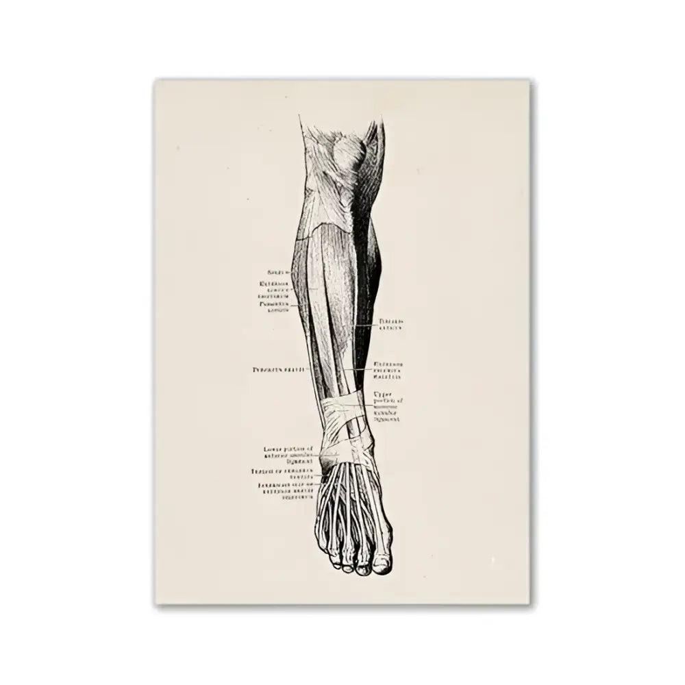 DecorBites™ vintage human anatomy canvas art print featuring detailed black ink lower leg and foot on textured paper