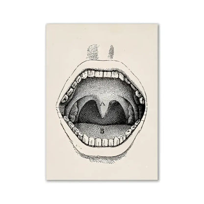 DecorBites™ vintage human anatomy canvas art print depicting an open mouth with labeled tongue and throat structures