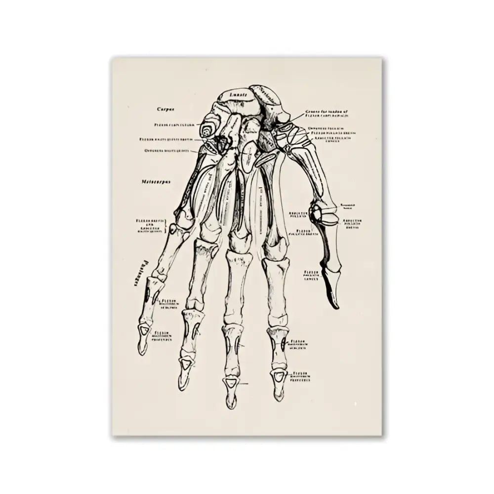 Decorbites™ vintage human anatomy canvas art print featuring a black ink anatomical hand skeleton diagram on off-white paper