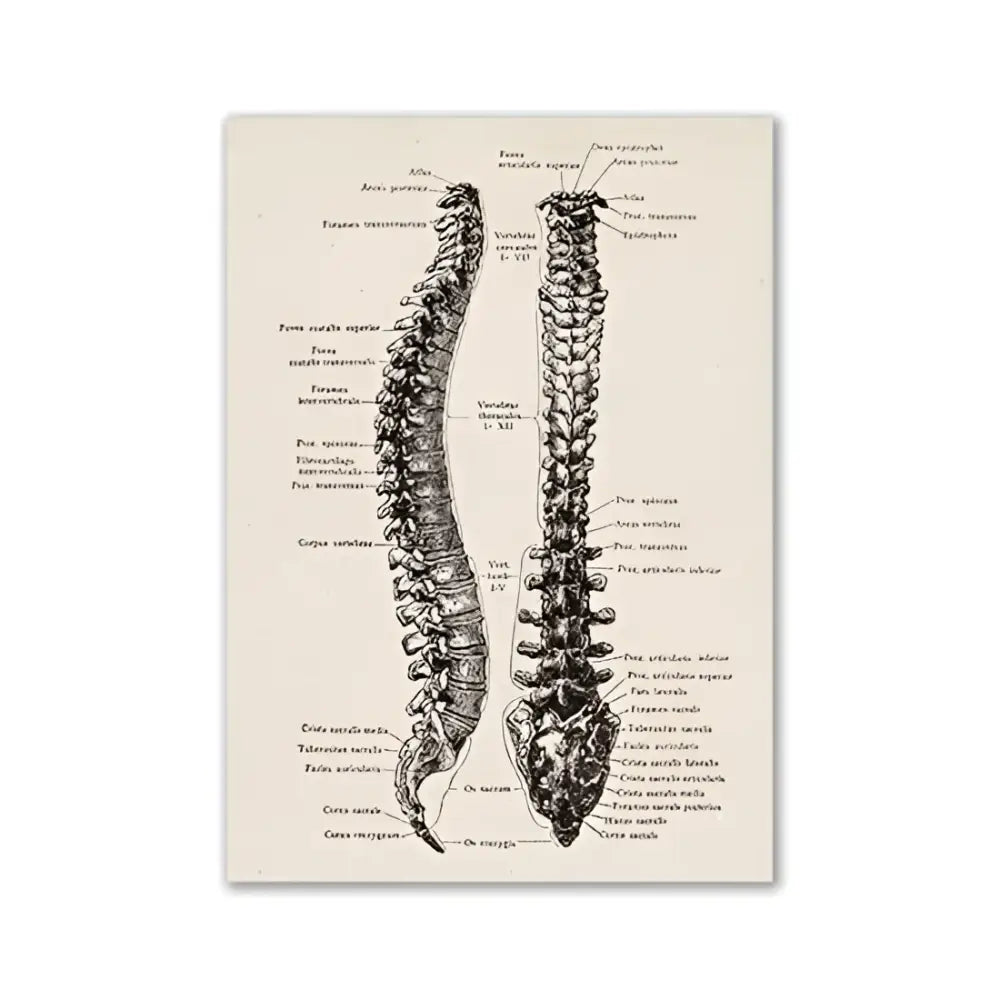 Anatomical illustration print of the human spine with detailed black ink labeling on a vintage human anatomy canvas print