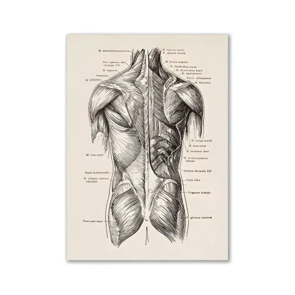 Decorbites™ vintage human anatomy canvas print featuring detailed back muscle diagram on aged off-white paper