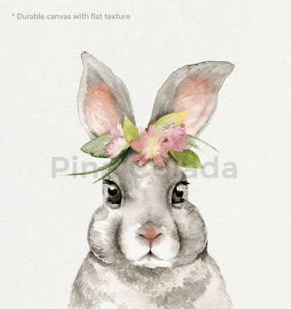 Watercolor painting of gray bunny with pink and green floral crown on durable canvas in vintage human anatomy style decor