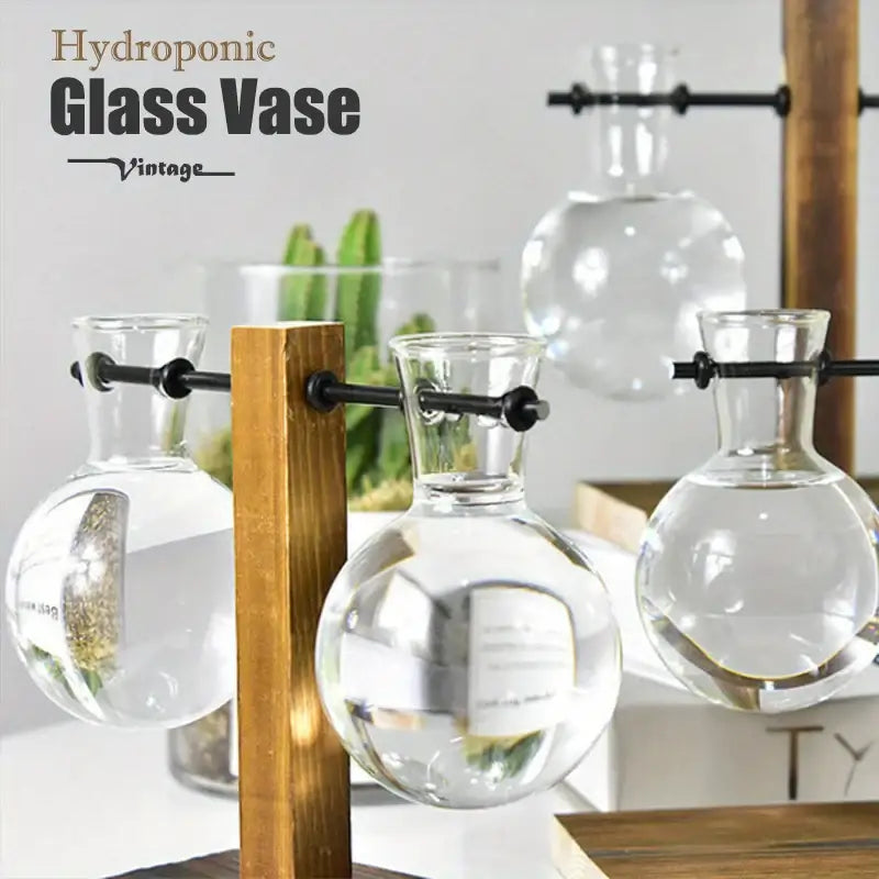 Decorbites™ vintage klare Glas-Zweibirnenvasen mit schmalen Hälsen auf Holzrack für niedrigen Stil Pflanzenpropagation