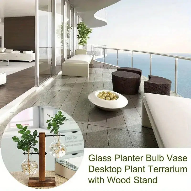 Decorbites™ vintage niedriger Stil Zweibirnen-Glas-Pflanzvasen mit Holzpult für Desktop-Pflanzenpropagation