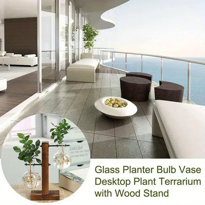 Decorbites™ vintage low style two bulb glass planter vase with wooden stand for desktop plant propagation