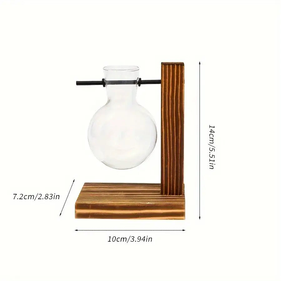 Clear glass DecorBites™ vintage hydroponic two bulb vase with narrow neck on wooden low style grooved stand for propagation