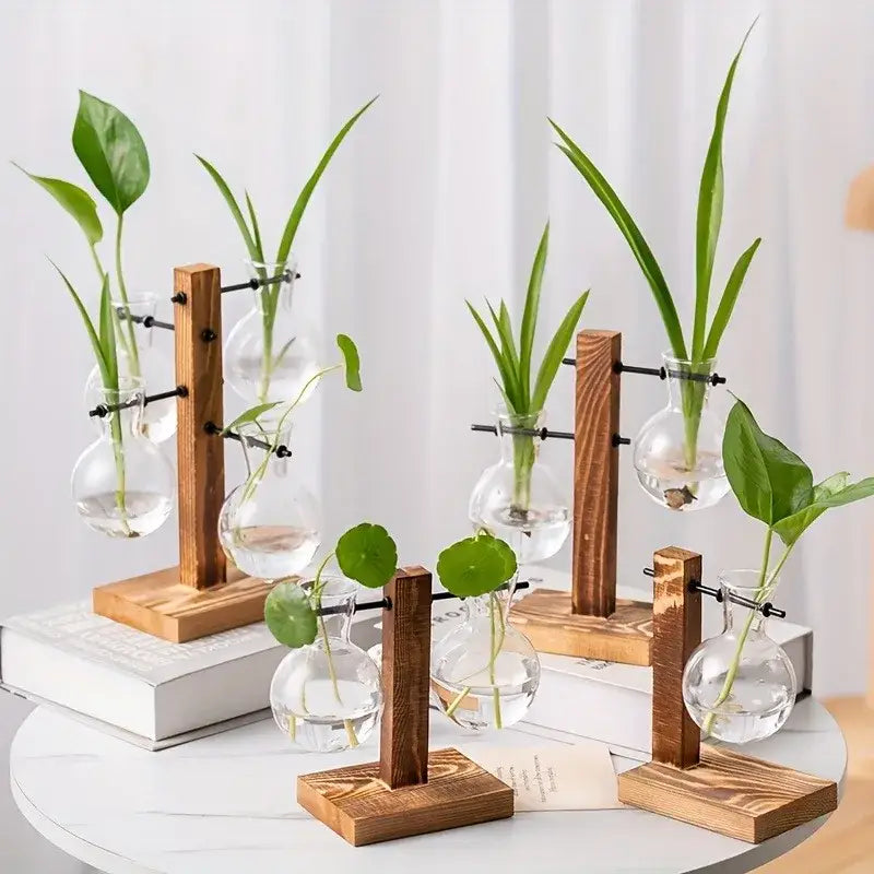 Decorbites™ vintage Holzpult mit klaren Zweibirnenvasen und grünen Pflanzen für niedrigen Stil Desktop-Propagation