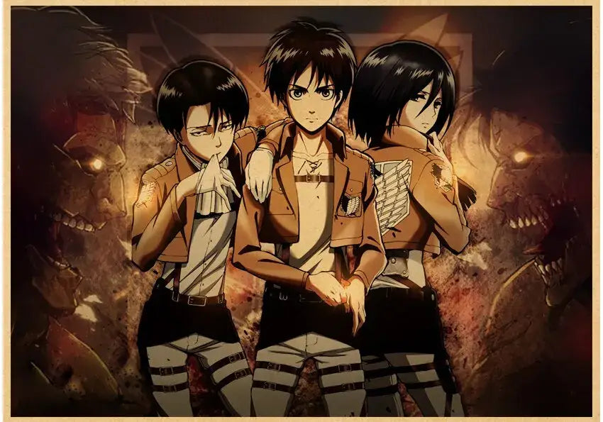 Decorbites™ vintage japanese anime attack on titan poster featuring brown jacketed characters against fiery monstrous backdrop