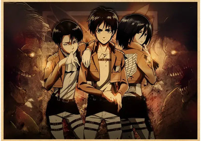Decorbites™ vintage japanese anime attack on titan poster featuring brown jacketed characters against fiery monstrous backdrop