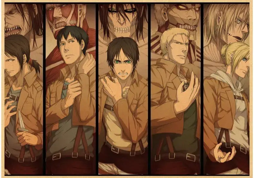 DecorBites™ vintage japanese anime attack on titan poster featuring sepia-toned vertical panels of characters