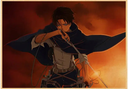 DecorBites™ vintage japanese anime poster featuring a dark blue cape with a dramatic silhouette against a fiery sky