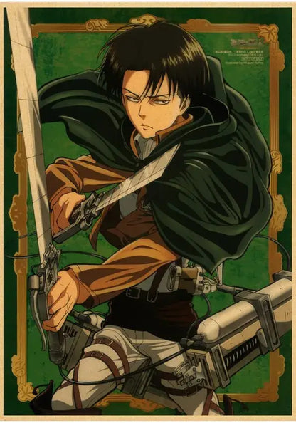 A framed decorbites™ vintage japanese anime attack on titan poster featuring a character in dark green cloak wielding swords
