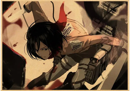 Decorbites™ vintage japanese anime attack on titan poster featuring a character with black hair and red scarf in detailed armor
