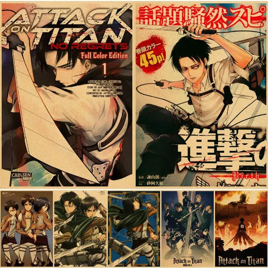 Decorbites™ vintage japanese anime attack on titan poster featuring manga volumes with dynamic red and black artwork