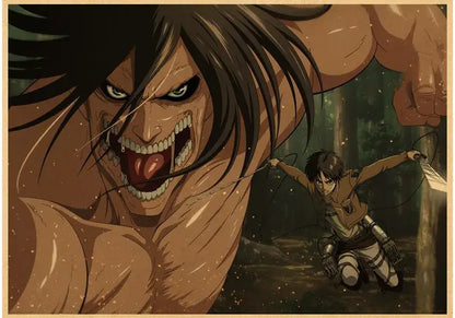 Decorbites™ vintage japanese anime attack on titan poster featuring a muscular tan-skinned titan with dark hair and fierce expression