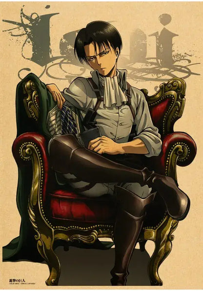 Ornate red leather armchair with gold-embellished frame next to decorbites vintage japanese anime attack on titan poster