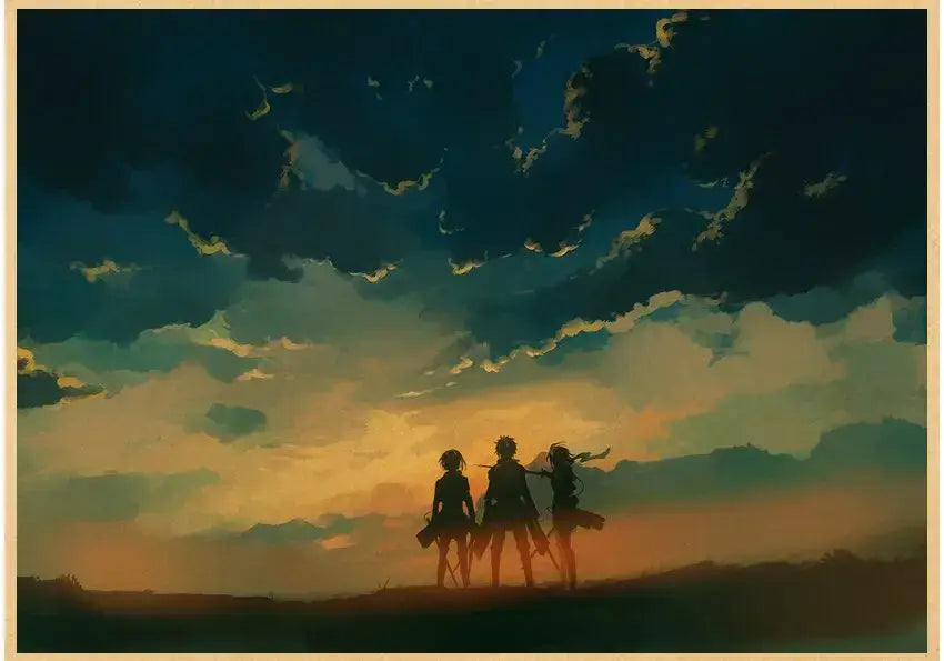 Silhouetted anime figures against a twilight sky on a decorbites vintage japanese anime attack on titan poster