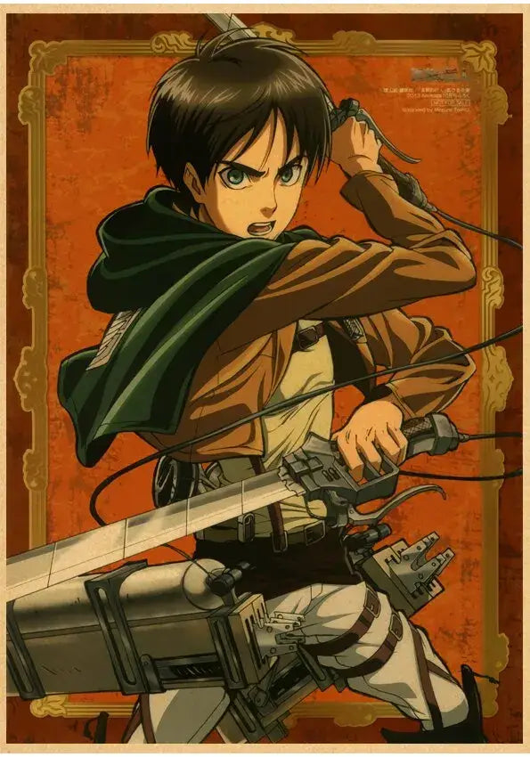Decorbites™ vintage japanese anime poster featuring eren yeager in brown uniform and green cape with rifle on orange background