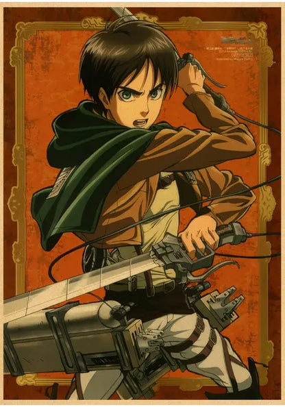 Decorbites™ vintage japanese anime poster featuring eren yeager in brown uniform and green cape with rifle on orange background
