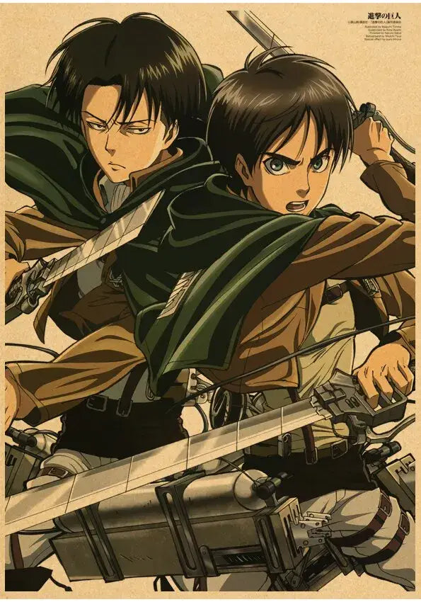 Decorbites™ vintage japanese anime attack on titan poster featuring two characters in green and brown uniforms with swords