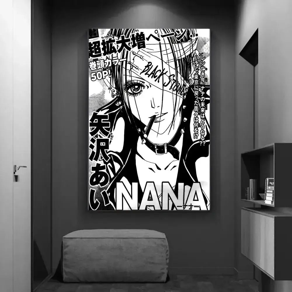 Black and white manga style canvas print of nana with bold japanese text for home decor diy sticky poster
