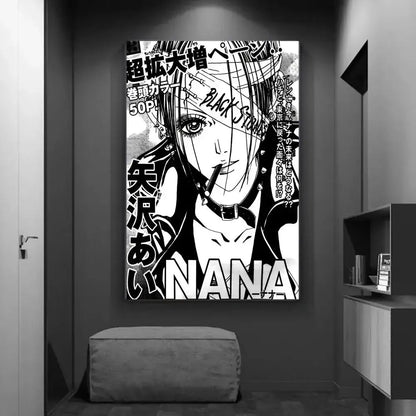 Black and white manga style canvas print of nana with bold japanese text for home decor diy sticky poster