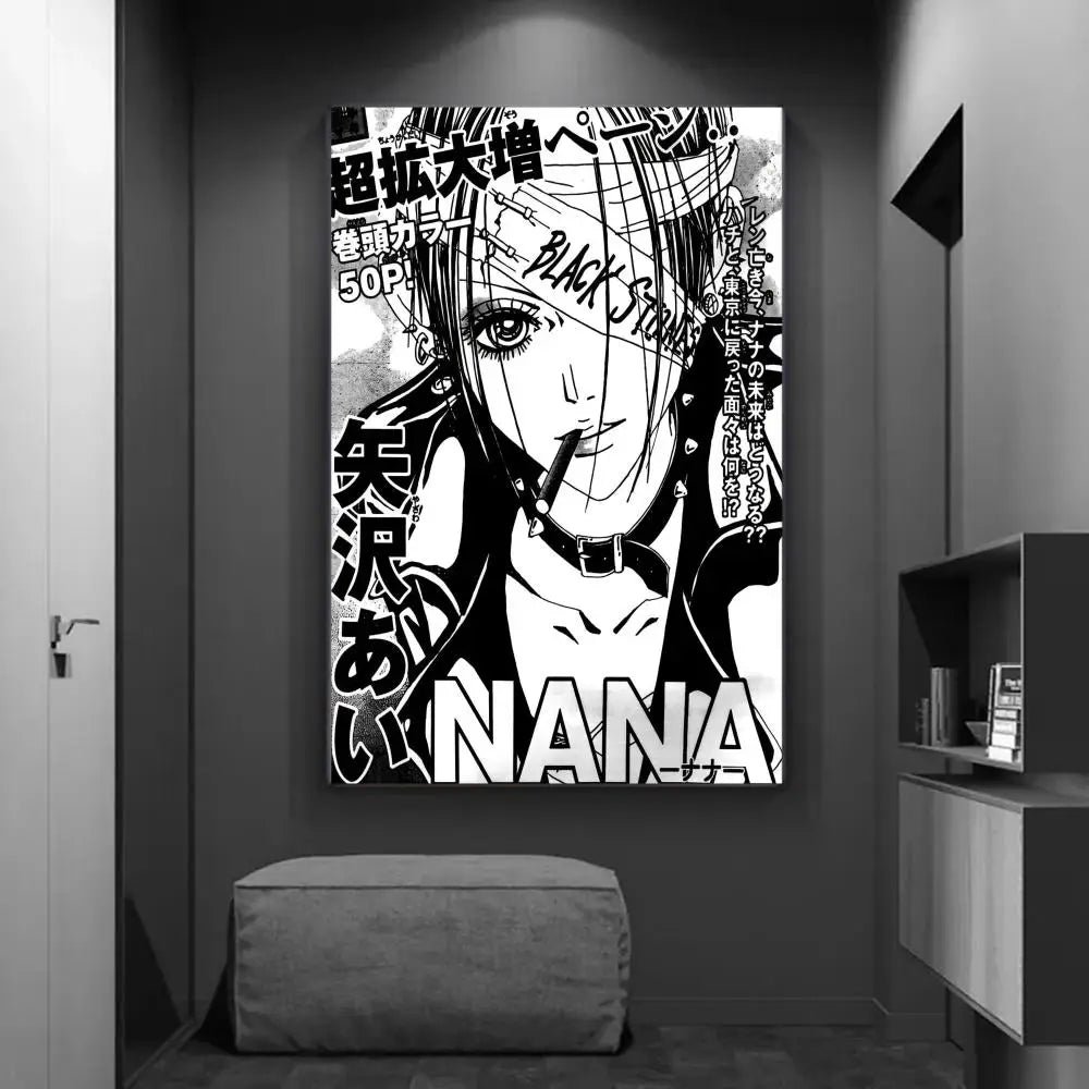 Black and white anime-themed canvas print of nana with bold japanese text for home decor diy sticky poster