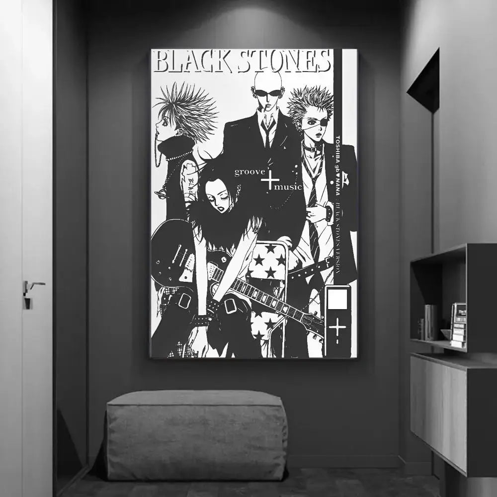 Black and white diy sticky poster of black stones anime band with spiky-haired characters for home decor by decorbites™