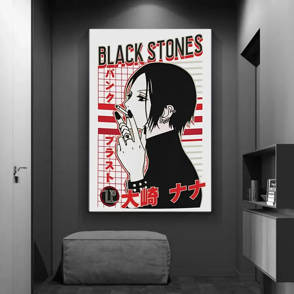 Black and white diy sticky poster featuring nana from Black Stones with bold red text and lp record logo for home decor