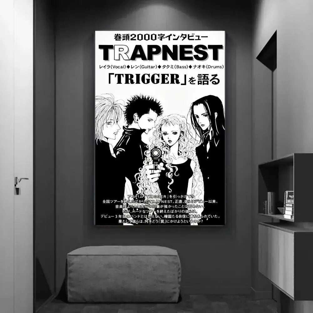 Black and white trapnest anime poster featuring stylized characters for home decor diy sticky poster by decorbites™