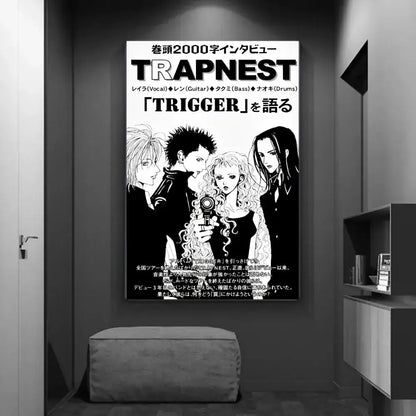 Black and white trapnest anime poster featuring stylized characters for home decor diy sticky poster by decorbites™