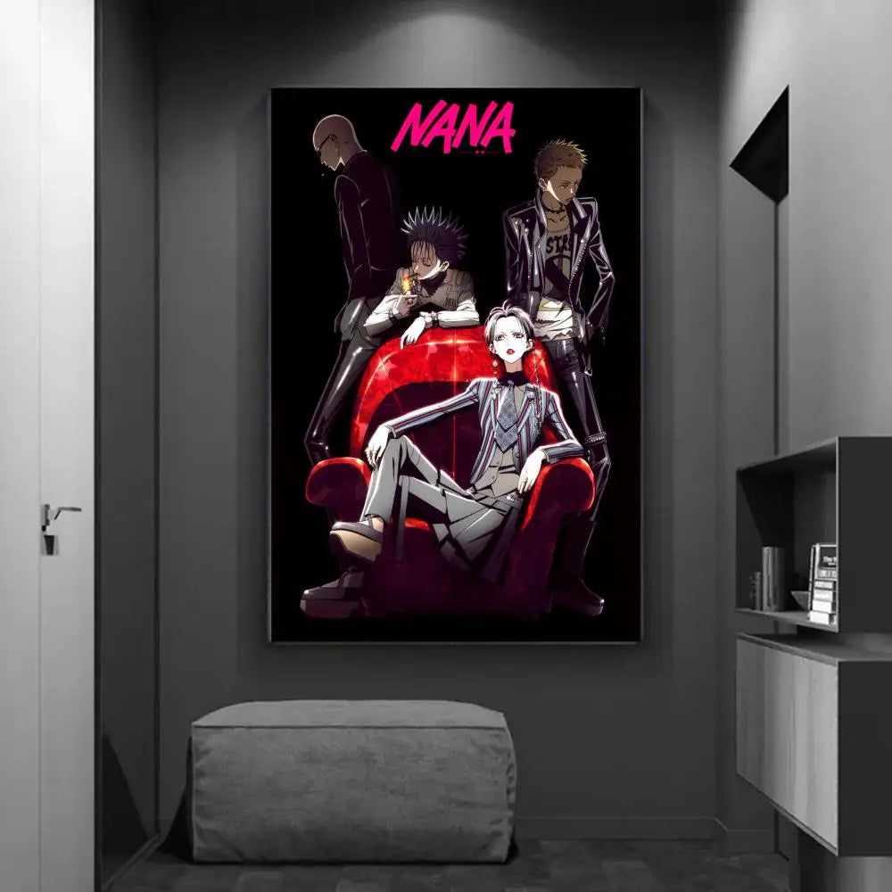 DecorBites™ vintage black and red diy sticky poster home decor featuring four nana anime characters on dark wall