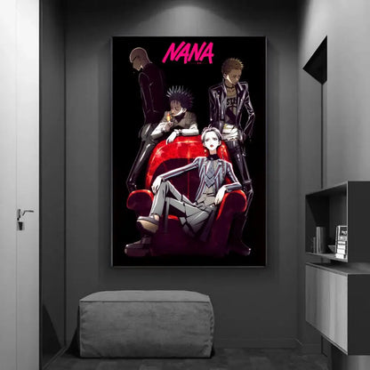 DecorBites™ vintage black and red diy sticky poster home decor featuring four nana anime characters on dark wall
